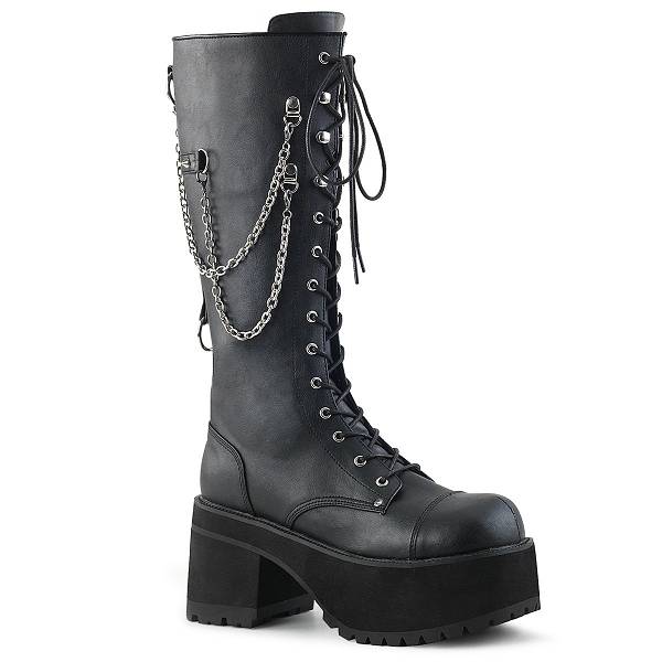 Demonia Women's Ranger-303 Knee High Platform Boots - Black Faux Leather D2453-71US Clearance